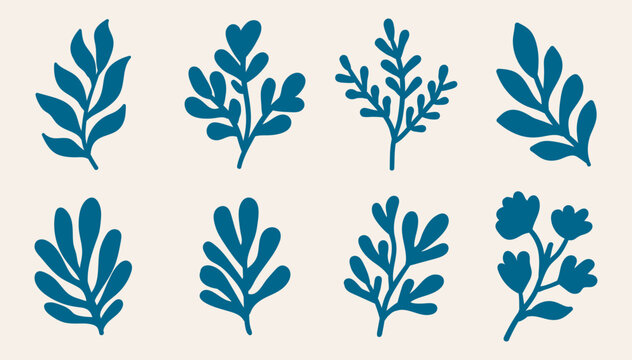 Set of hand drawn botanical elements, flat blue organic leaf and floral shapes on a light background