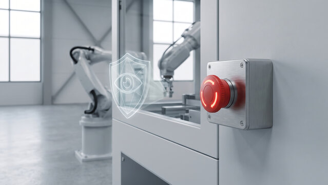 Industrial robot safety button ai energy safety automated factory protects robotic manufacturing with precise control and secure modern technology