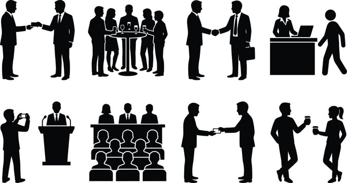 Silhouette set of business people networking, shaking hands, presenting, and attending corporate office events.