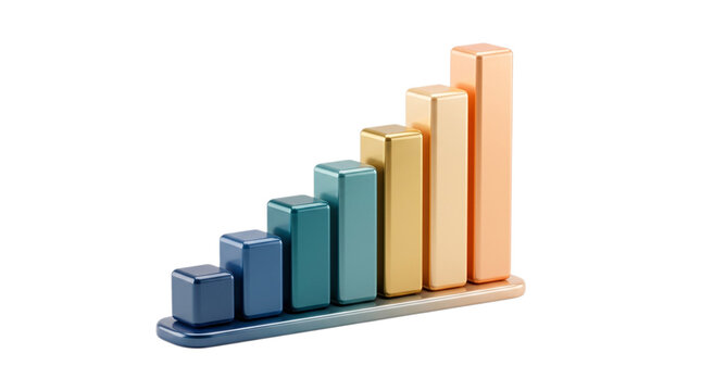 Financial bar chart showing upward growth trend with metallic blocks in progressive heights against a clean white background