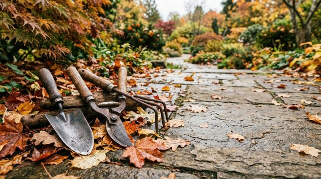 Autumn garden tools and fallen foliage
