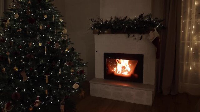 Warm Christmas Living Room with Burning Fireplace and Glowing Christmas Tree in evening video. Cozy Christmas Eve, Warm Family Atmosphere, Winter Holiday Hygge