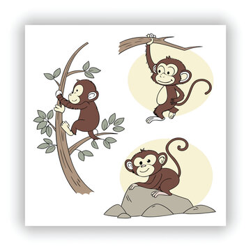 Cute Monkey Character Different Poses Cartoon Vector Illustration Set
