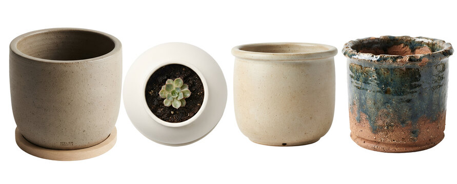 Multiple empty ceramic flower pots and one small potted succulent plant displayed in various shapes and textures isolated on transparent background