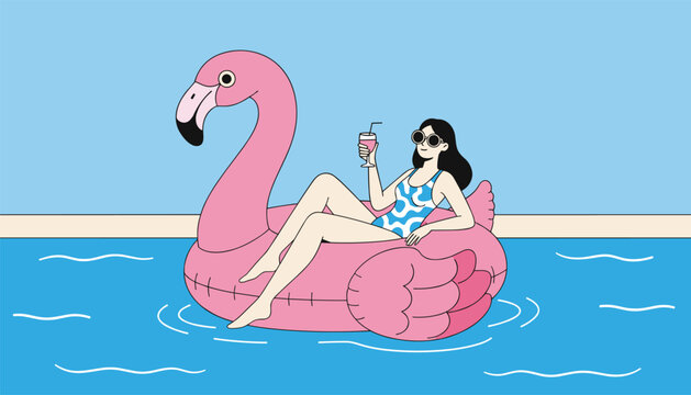 Woman wearing sunglasses relaxes on a giant pink inflatable flamingo float in a swimming pool while holding a refreshing cocktail.