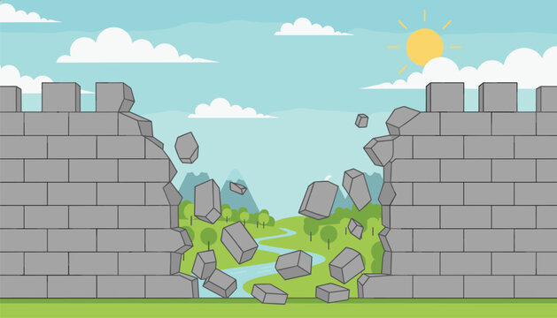 Massive stone wall is collapsing into a heap of rubble, revealing a scenic view of a river, green trees, and mountains under a bright sunny sky.