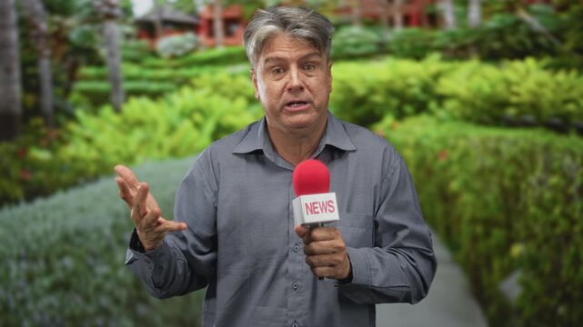 Middle aged man reporter with grey hair holding red microphone and gesturing with open hand on a manicured garden path; on air concern.