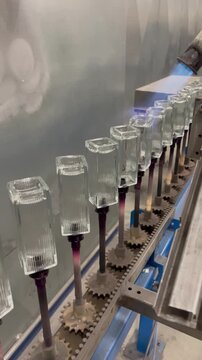 Gas burner flame polishing clear ribbed glass perfume bottles rotating on an automated industrial conveyor line inside a modern glass manufacturing factory.