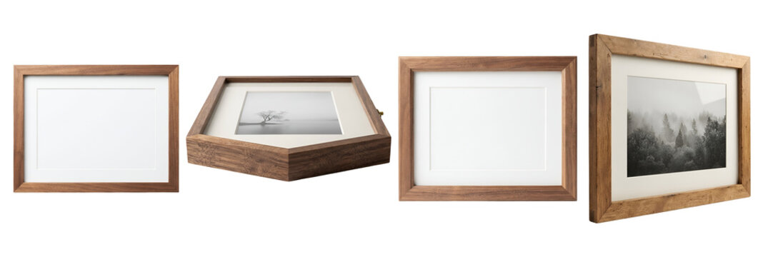 Four empty wooden picture frames with white mats showcasing different perspectives and artistic photography angles presented isolated on transparent background