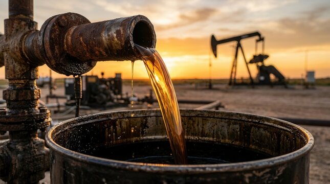 Fossil fuel extraction at sunset with golden crude oil streaming from a pipe into a metal drum.
