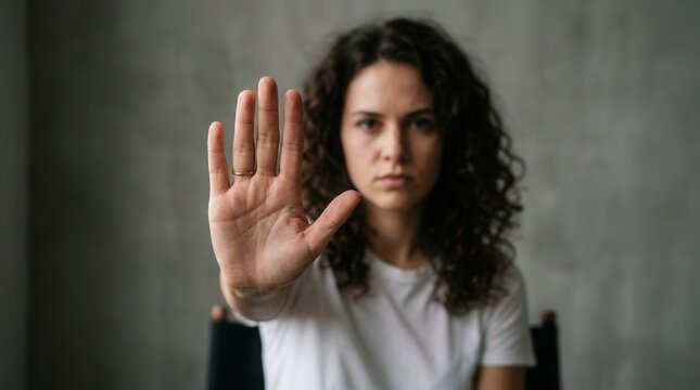 Concept of assertiveness, empowerment and self respect featuring a woman's hand signal stop gesture.