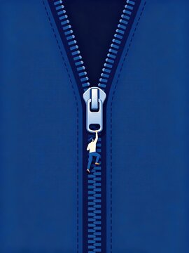 Small businessman climbing up a large blue zipper pulling the slider, conceptual illustration of opening new opportunities and growth in business