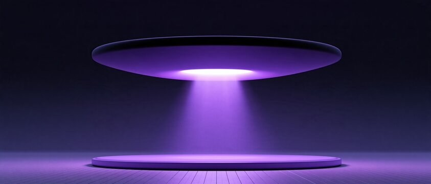 Purple glowing flying saucer shaped spotlight shining down on empty circular product podium over dark background for product display and promotion concept