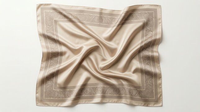 Versatile fashion accessory silk bandana with an intricate border pattern, draping softly as a luxurious scarf or headwear.