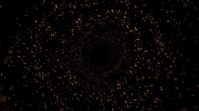 Abstract celebration background with golden glittering particles in motion 4K with center copy space