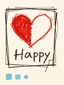 Hand drawn half-filled red heart with happy text inside rough black sketch frame on off white paper, simple cute hand drawn love and happiness art