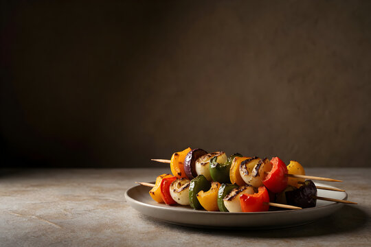 Grilled vegetable skewers wide establishing shot with generous