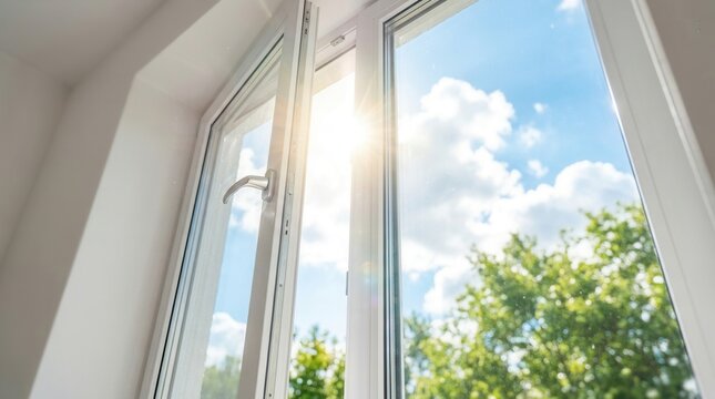 Sunlight streams indoors through an open window frame with a bright sunny sky and green trees.