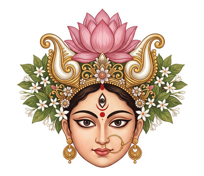 Goddess Durga face illustration with lotus flower crown, traditional Hindu festival vector art