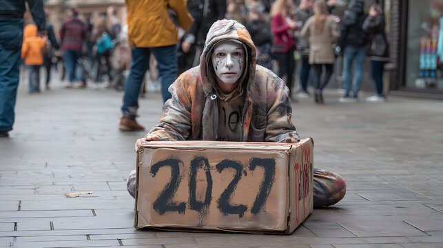 Painted street performer poses with a 2027 cardboard box