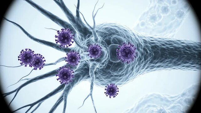 Nerve cell with several clearly visible La Crosse virus particles slowly moving nearby