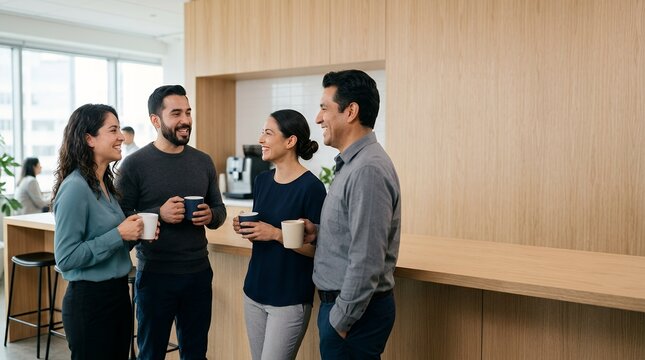 Group of diverse professional colleagues talking and drinking coffee in a modern office kitchen area.