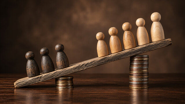 Income inequality and social economic gap concept represented by wooden figures on seesaw balanced on coin stacks comparing rich and poor social status equity