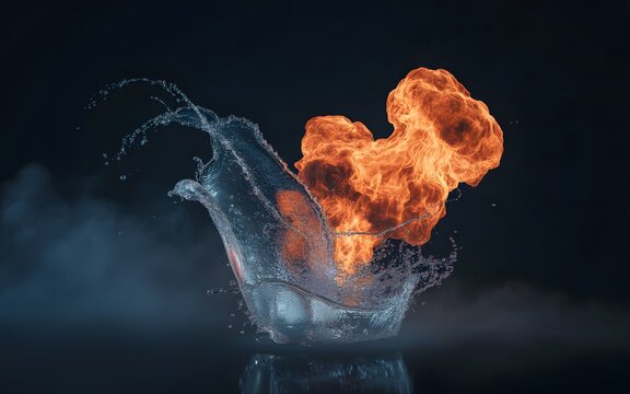 Powerful explosion of fire and water colliding dramatically against each other in dark studio environment creating spectacular elemental contrast with vibrant orange flames and cool blue liquid splash
