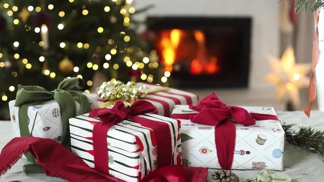 Beautifully Wrapped Christmas Presents with Red Ribbons before Fireplace and glowing christmas tree, video. Holiday Gift Giving Concept. Merry Christmas
