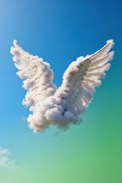Creative surreal white cloud shaped angel wings against gradient blue to green sky peaceful fantasy nature inspired conceptual art