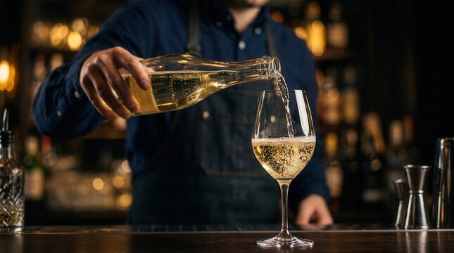 Bartender pouring white wine into a glass from a bottle, indoor closeup shot with copy space.
