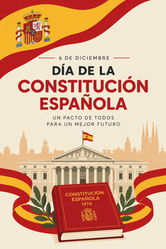 Spanish Constitution Day poster design with Spain flag, 1978 constitution book, and Congress of Deputies vector illustration for December 6 celebration.