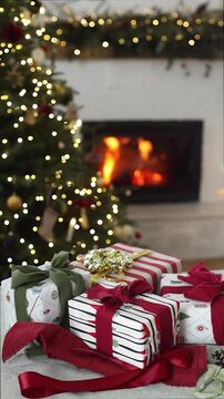 Merry Christmas. Vertical Video of Wrapped Christmas Gifts Under Decorated Tree near Fireplace. Holiday Surprises, Festive Gifting, Cozy Christmas Morning, Family Traditions