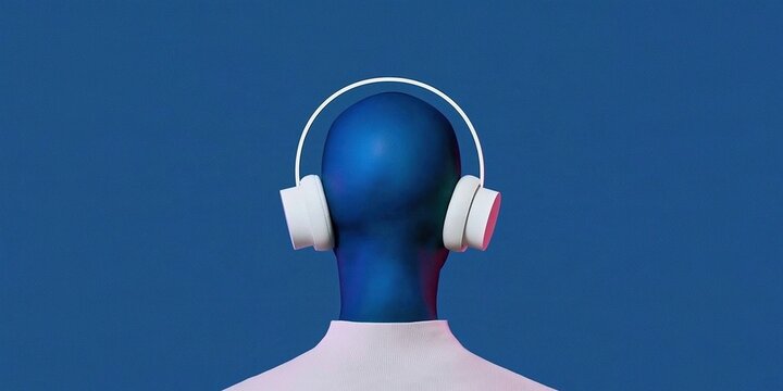 Back view of featureless blue mannequin head wearing white over ear headphones on solid blue background for modern music listening concept
