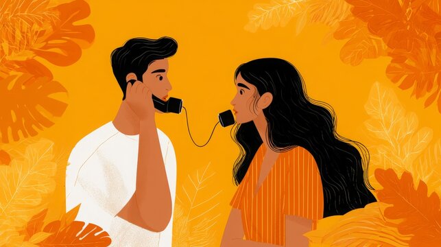 Man and woman communicating through a classic string telephone made from connected cans. Colorful vector illustration.