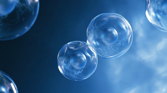 Abstract 3d render of translucent molecular cells with inner nucleus on soft blue background for biological science and medical research concept
