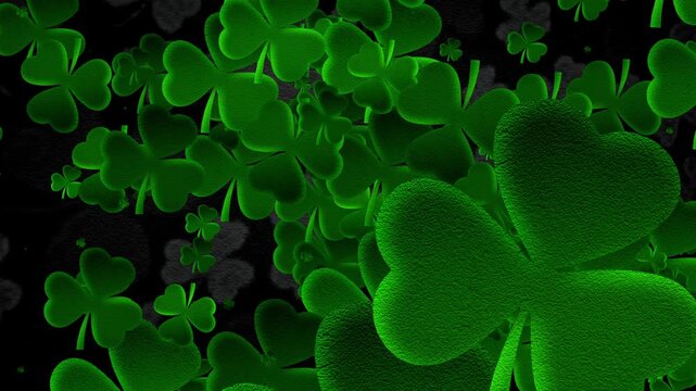 Flying Green Clovers on Black Background, St. Patrick's Day Celebration Animation