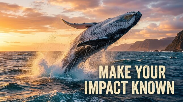 Humpback whale breaching ocean at sunset, majestic marine life, powerful nature, inspiring quote