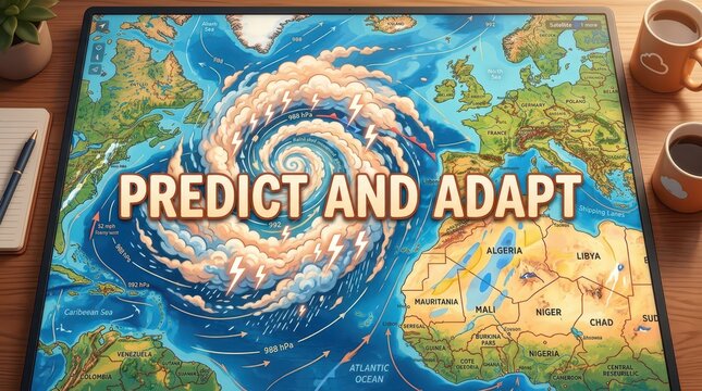 Hurricane Prediction Map with "Predict and Adapt" Text, Showing Atlantic Ocean and Continents