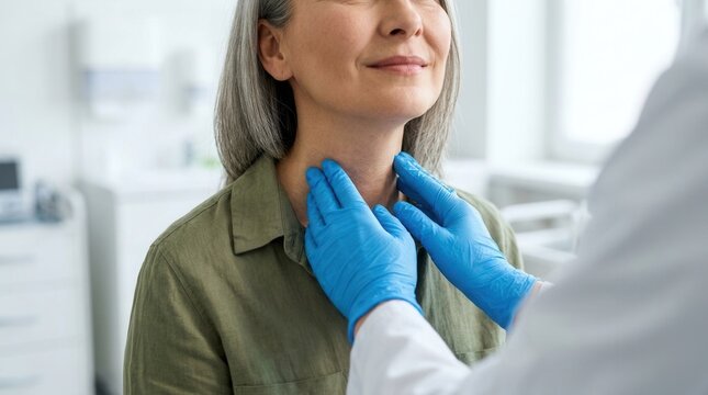 Patient indoors receiving a thyroid gland examination from an endocrinologist, closeup
