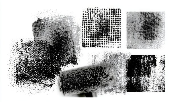 Set of distressed ink stamp textures created with a brayer tool, featuring rough linocut-style square prints. Vector illustration. 