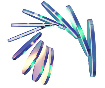 Abstract 3D composition of blue and green glass disks arranged in a dynamic curved fan array with iridescent edge reflections on transparent background. For modern tech logos, web design overlays