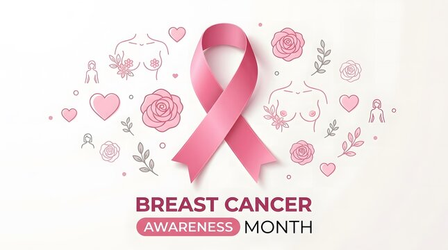 Pink ribbon symbol for breast cancer awareness month vector illustration featuring medical elements and floral outlines on background