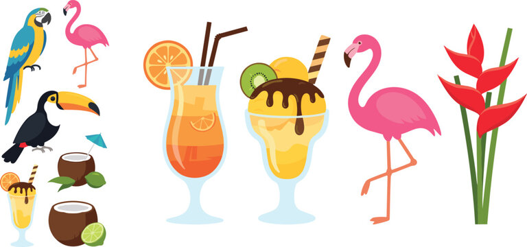 Tropical Summer Drink and Exotic Bird Vector Set featuring Cocktails Milkshake Flamingo Macaw Toucan and Heliconia Flower Elements for Beach Party Graphic Designs
