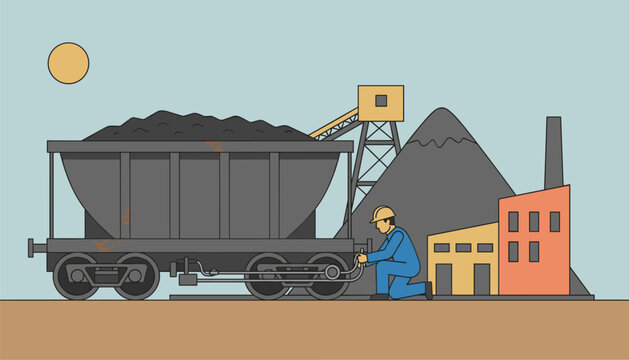 Industrial worker performs maintenance checks on a coal transport train carriage parked at a mining facility under a bright yellow sun.