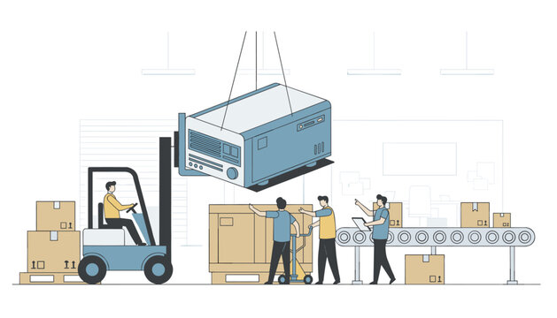 Warehouse team works together to load heavy industrial machinery into wooden crates while a forklift maneuvers in the bright open space.