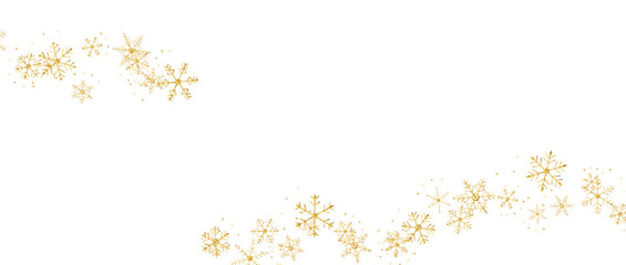Obraz premium Christmas gold snowflakes and stars transparent background pattern, elegant festive snowfall scatter with varied flakes, sparkling star accents and open copy space. Vector illustration.
