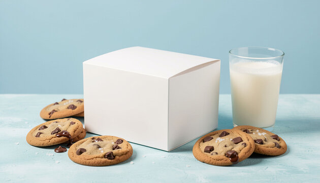 Minimal white cube packaging box surrounded by chocolate chip cookies and a glass of milk on a soft blue background, creating a clean food packaging mockup for bakery products, branding, advertisement