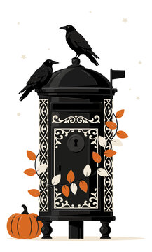 Two crows perched on an ornate black mailbox with autumn leaves and pumpkin vector illustration