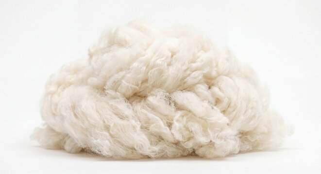 A close-up view of a soft pile of raw white wool fibers isolated against a clean white background.
